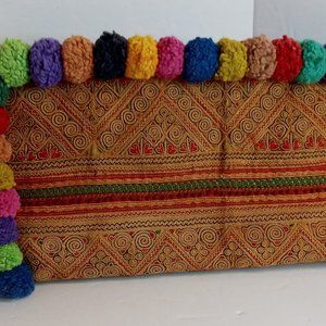 J.P. and Mattie Vintage Tribal Material Clutch Pom Pom Trim One of a Kind